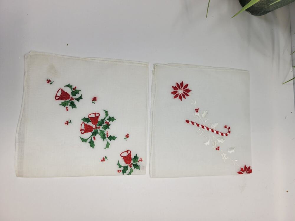 2 Vintage Christmas Embroidered Handkerchiefs Candy Cane Holiday Bells Hankies